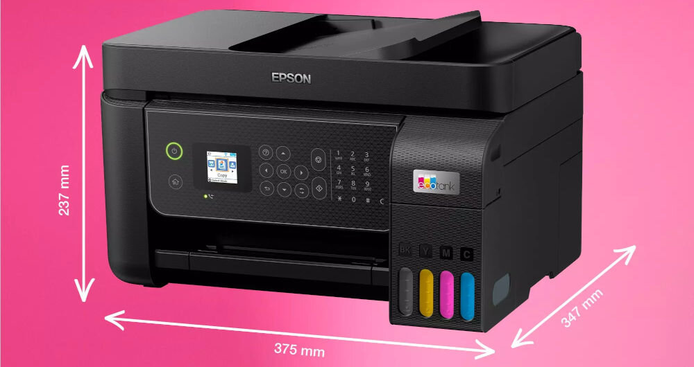 Багатофункціональний пристрій EPSON EcoTank L5310 Кольоровий друк, презентація пристрою Wi-Fi на рожевому фоні спереду під кутом з розмірами 375 x 347 x 237 мм свобода організації