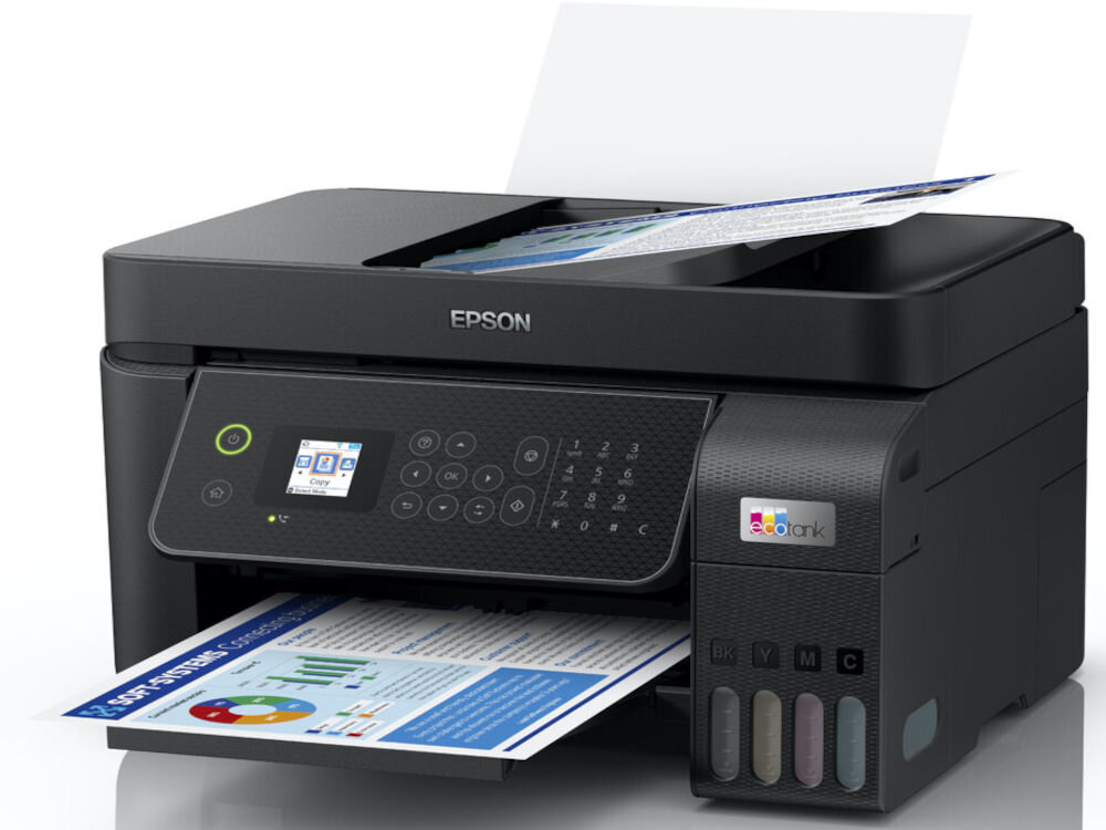 Багатофункціональний пристрій EPSON EcoTank L5310, кольоровий друк, презентація пристрою Wi-Fi на світлому фоні спереду під кутом із надрукованим аркушем паперу, просте керування та використання
