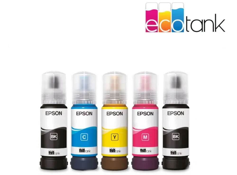 Багатофункціональний кольоровий принтер EPSON EcoTank L5310 з Wi-Fi та презентацією пляшок з чорнилом на білому тлі. Повні пляшки в комплекті.