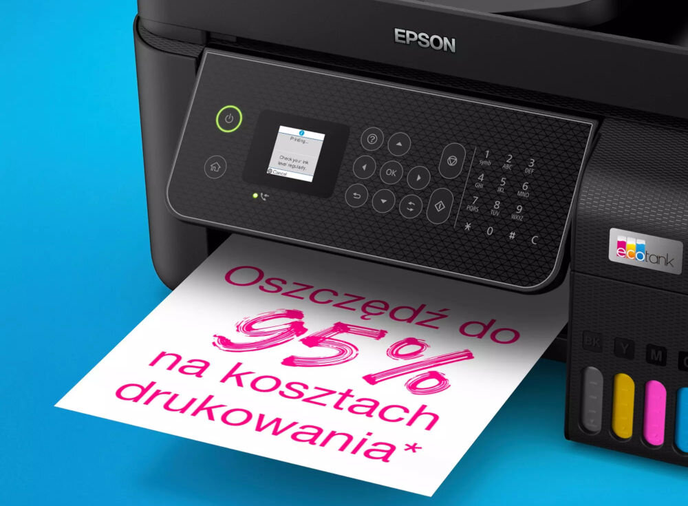 Багатофункціональний принтер EPSON EcoTank L5310 Кольоровий друк, Wi-Fi, фронтальний кут зору пристрою на синьому фоні, крупний план аркуша паперу з написом, економія до 95% на витратах на друк, економія коштів, частий друк