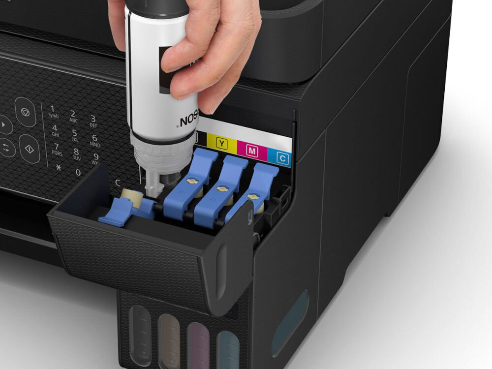 Багатофункціональний принтер EPSON EcoTank L5310, кольоровий друк, Wi-Fi-відображення заповнення пристрою чорнилом на білому фоні, ефективність використання чорнил, подовжений час роботи