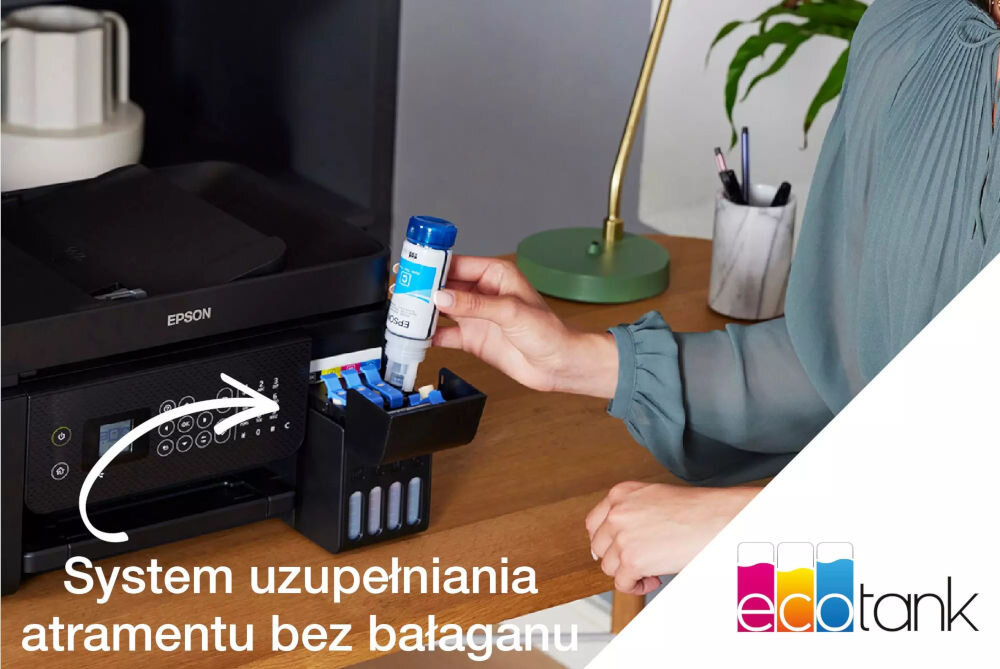 Багатофункціональний пристрій EPSON EcoTank L5310, кольоровий друк, Wi-Fi, відображення інформації про заправку чорнил у резервуарах, напис ecotank, система заправки чорнил без бруду, безпроблемне заправлення, знижений ризик помилок, комфорт