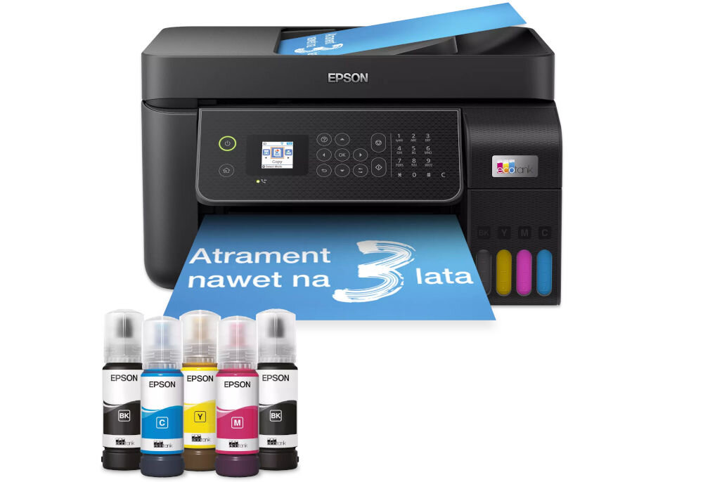 Багатофункціональний пристрій EPSON EcoTank L5310 Кольоровий друк, Wi-Fi Презентація пристрою спереду на білому тлі перед пляшками Індикатор чорнил на передній панелі Контроль витрати чорнил