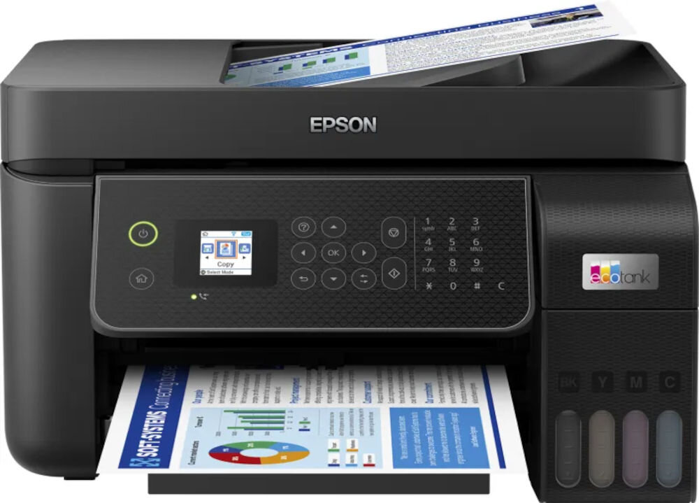 Багатофункціональний пристрій EPSON EcoTank L5310 Кольоровий друк, Wi-Fi Презентація пристрою спереду на білому фоні Вивід друкованого аркуша паперу 4 функції в 1 Друк Сканування Факс Копіювання Зручна організація простору