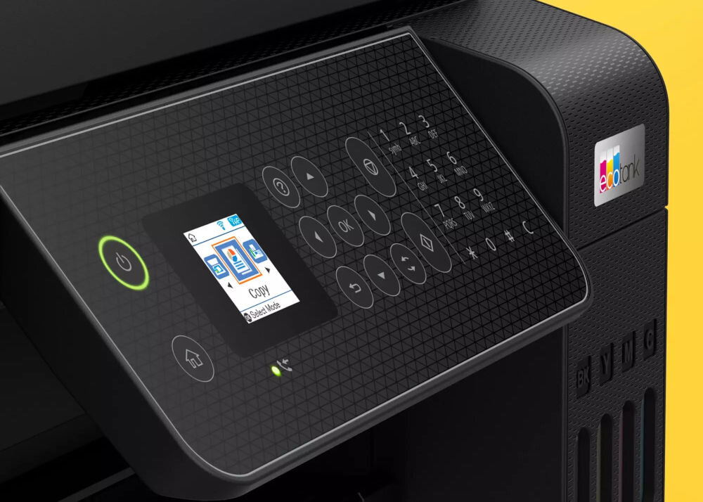 Багатофункціональний пристрій EPSON EcoTank L5310 Кольоровий друк, Wi-Fi, представлення функціональної панелі на принтері, жовтий фон, бездротове Wi-Fi підключення, зручна робота без кабелів