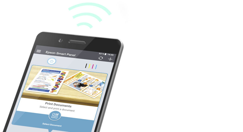 Багатофункціональний пристрій EPSON EcoTank L5310 Кольоровий друк, Wi-Fi Презентація програми, що працює на телефоні, на білому фоні Налаштування через смартфон Персоналізація