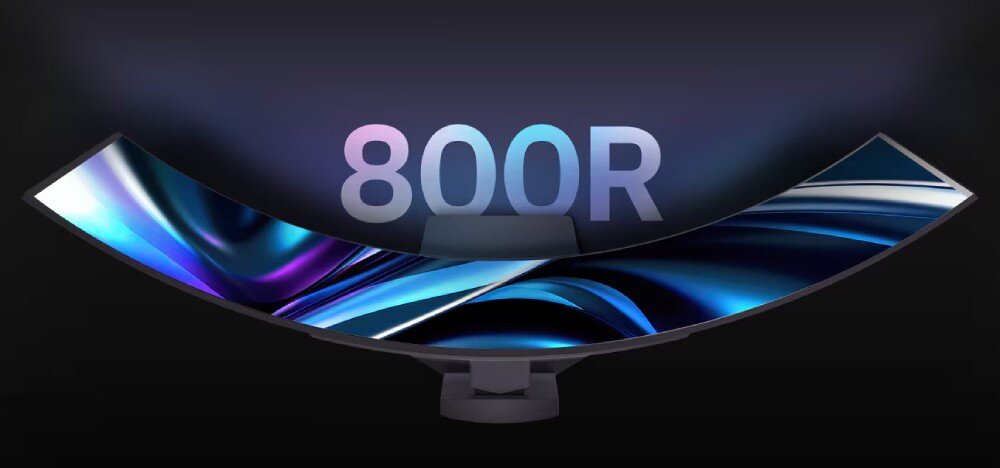 Monitor LG UltraGear 45GS95QE-B.AEU Widok monitora z góry, pokazujący stopień zakrzywienia ekranu o promieniu 800R, zakrzywienie, przekątna, proporcje, rozdzielczość