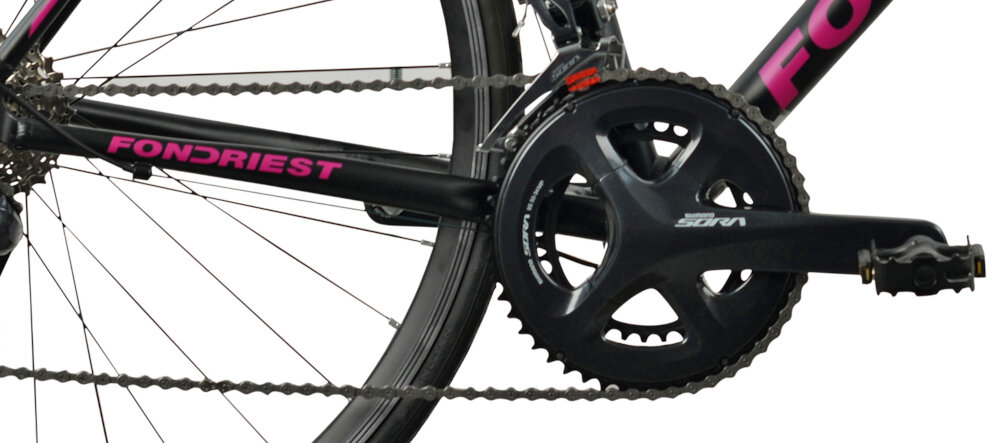 Rower szosowy FONDRIEST Eagle 1.0 D21 28 cali Czarno-różowo-seledynowy lekka wydajna konstrukcja korby SHIMANO Sora FC-R3000 50x34T wklad suportu SHIMANO Sora BB-RS500 wytrzyma bardzo duzy nacisk na pedaly