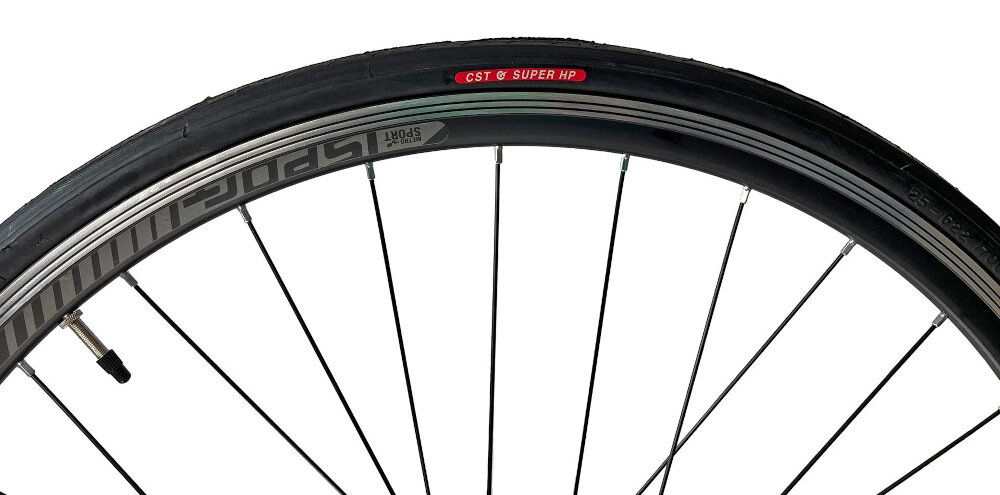 Rower szosowy FONDRIEST 110 Corsa MIG 1.O U20 28 cali Czarno-czerwony kola w rozmiarze 28 cali gladkie opony marki CST dwusciankowe obrecze na drogach asfaltowych do wyczynowego kolarstwa szybkiego regularne sprawdzanie ciśnienia powietrza wartość na bocznej części opony