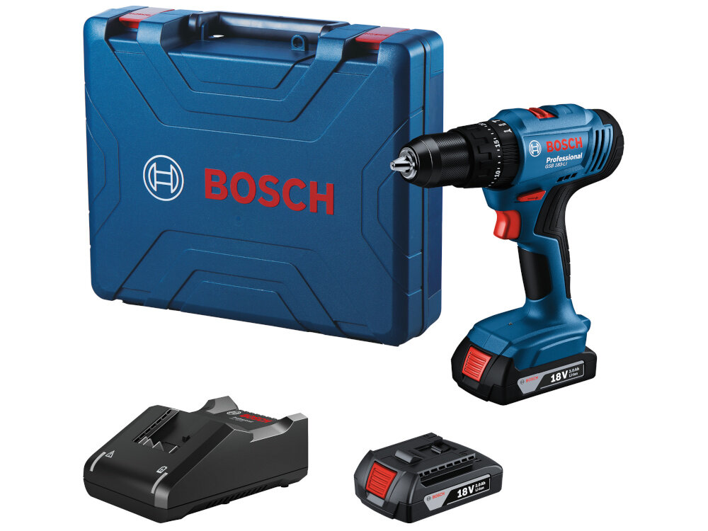 Wiertarko-wkrętarka BOSCH Professional GSB 183-LI 06019K9100 zestaw na białym tle w zestawie wiertarko-wkrętarka 2 akumulatory ładowarka walizka transportowa dokumentacja