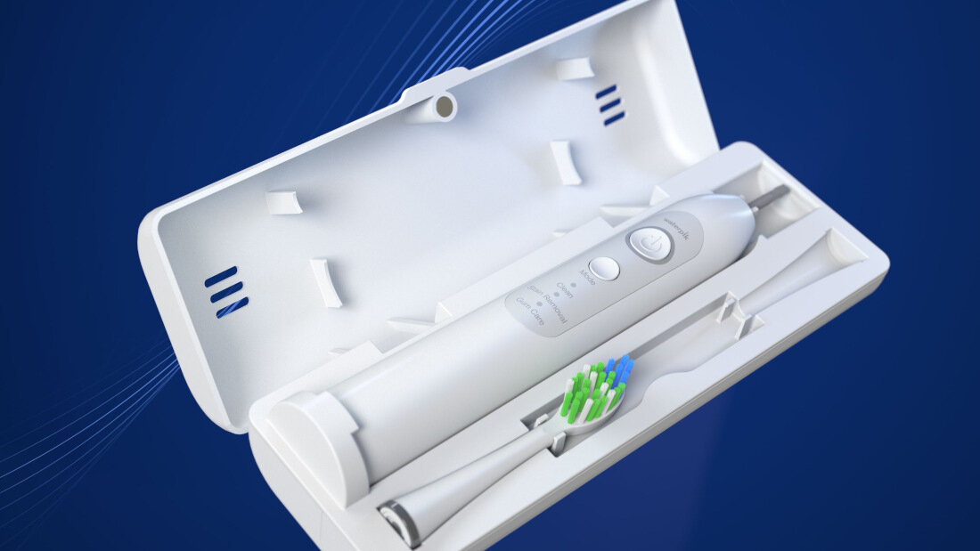 Szczoteczka soniczna WATERPIK STW-03EU Sensonic Biały praktyczne etui podróżne ochrona transport higiena Wskaźnik LED informacja napięcie globalne