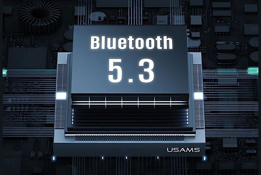 Słuchawki douszne USAMS Rhymbo Series Fioletowy bluetooth zasięg jakość dźwięk biuro czarne tło napisy Bluetooth 5.3 zasięg do 12 metrów po domu lub biurze wygoda płynne połączenie bez przerw 