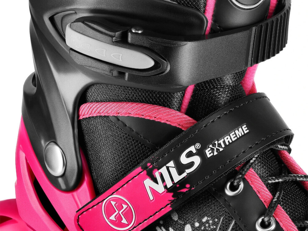 Łyżworolki NILS EXTREME NA18137A rozmiar 35-38 Czarno-różowy zapiecia klamra dwusekcyjna pase na rzep sznurowadla bezpieczenstwo podczas jazdy srawdzaja sie niezaleznie od pogody maksymalna dynamika jazdy