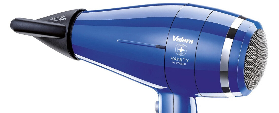 Suszarka VALERA Vanity Hi Power RC Niebieski 2400W Wyjmowany metalowy filtr czyszczenie dwa ultra-smukłe koncentratory włosy 3-metrowy kabel system Rotocord użytkowanie komfort wygoda