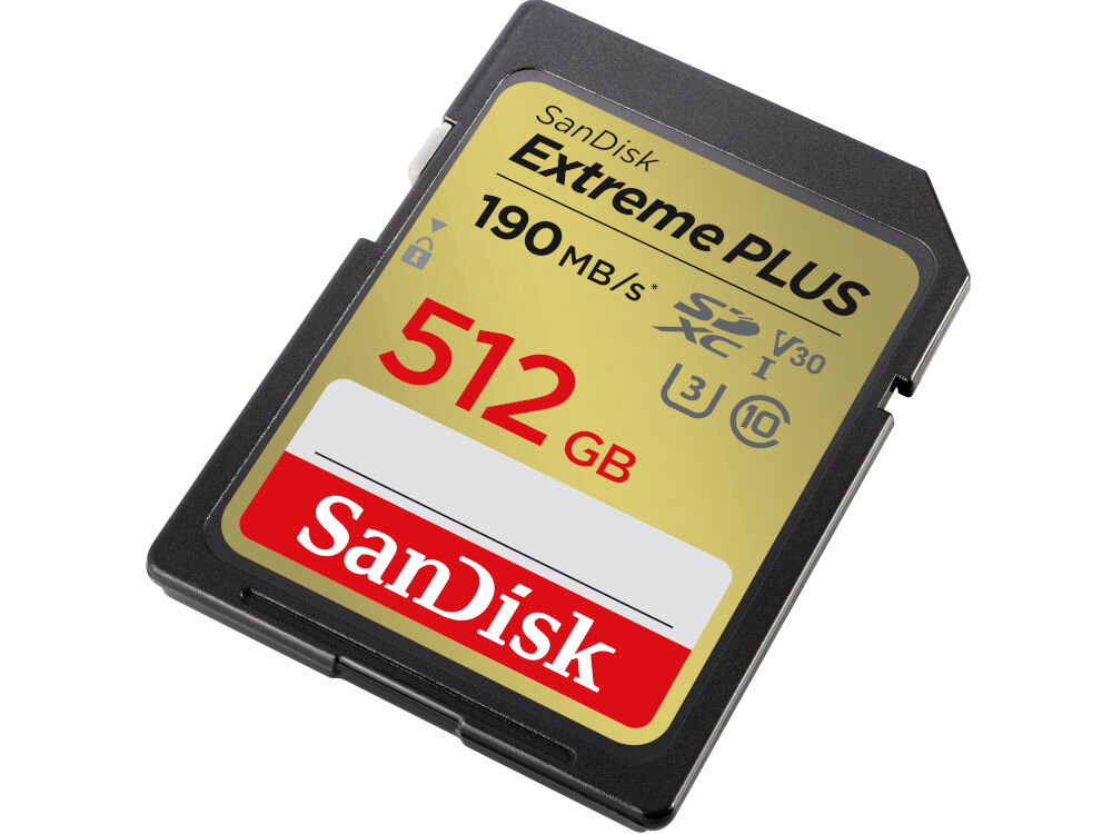 Karta pamięci SANDISK Extreme Plus SDXC 512GB prezentacja karty na białym tle pod kątem do zdjęć i wideo duża przestrzeń do przechowywania