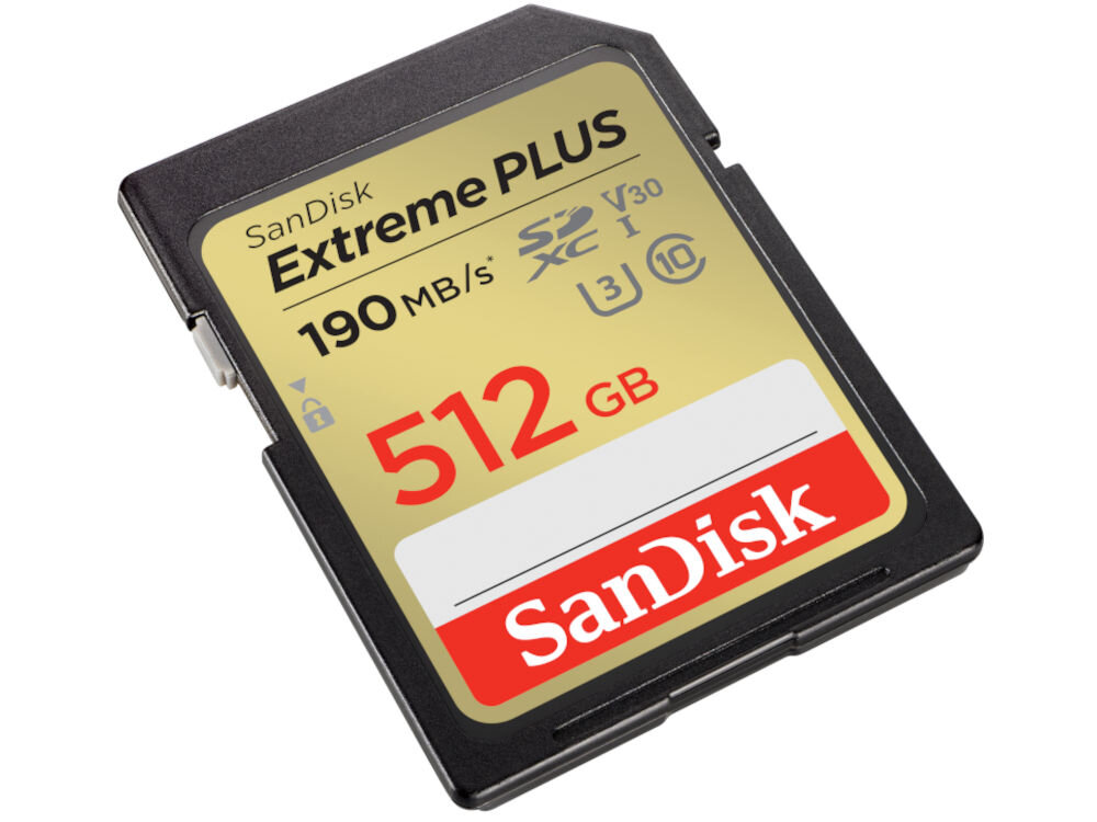 Karta pamięci SANDISK Extreme Plus SDXC 512GB prezentacja karty na białym tle pod kątem szybki odczyt 190 MB/s transfer plików oszczędność czasu