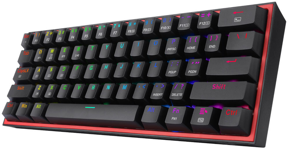 Klawiatura REDRAGON Fizz Pro K616-RGB mechaniczna zaprojektowana z myślą o minimalizmie i wygodzie użytkownika format 60% klawiatura pozbawiona jest bloku numerycznego, klawiszy funkcyjnych oraz dedykowanych klawiszy strzałek
					wymiary ok. 295,7 x 105,6 x 33,5 mm konstrukcja składająca się z 61 klawiszy produkt na białym tle skos