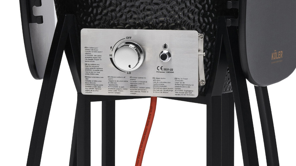 Grill węglowo-gazowy KOLER Kamado EG22-GAS zbliżenie na włącznik dwie metody pieczenia system grillowania pośredniego moduł gazowy tradycyjne palenisko