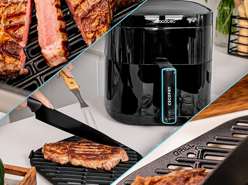 Frytownica CECOTEC Duoheat 6000 6L specjalna funkcja grillin style grillowanie mięsa na różne sposoby mięso delikatnie przyrumienione mocno wysmażone precyzyjne dopasowanie temperatury czas grillowania wysoka moc 2200 W szybkie osiągnięcie pożądanych rezultatów skracanie czasu oczekiwania na gotowe danie 