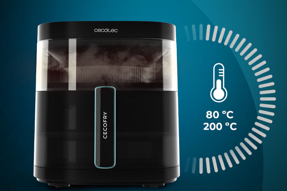 Frytownica CECOTEC Duoheat 6000 6L regulowany termostat zakres temperatur 80-200 stopni regulacja czasu gotowania do 60 minut pełna kontrola nad procesem system ochrony przed przegrzaniem bezpieczeństwo użytkowania codzienne użytkowanie
