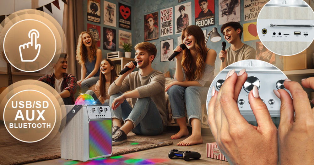 Power audio MUSICMATE MM-SK200 Apex Smart Mikrofon Karaoke Biały bluetooth aux jack 3,5 mm USB-A czytnik kart microSD radio FM automatyczne wyszukiwanie stacji radiowych łatwe połączenie ze smartfonem lub tabletem intuicyjny panel sterowania
					możliwość podłączenia mikrofonu jack 6,3 mm aux 3,5 mm jack