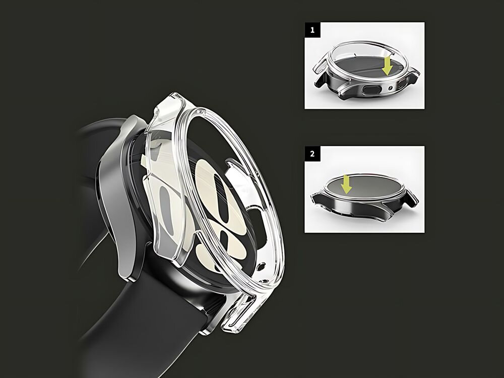 Etui ARAREE Nukin do Samsung Galaxy Watch 7 (44mm) Przezroczysty Grubość etui odporność użytkowanie przezroczystość szybkie i intuicyjne zakładanie dopasowanie strony z przyciskiem następnie delikatnie docisnąć pozostałą część obudowy optymalnie przylega do urządzenia  stabilne podczas codziennego użytkowania nie ogranicza funkcjonalności telefonu obsługuje ładowanie bezprzewodowe