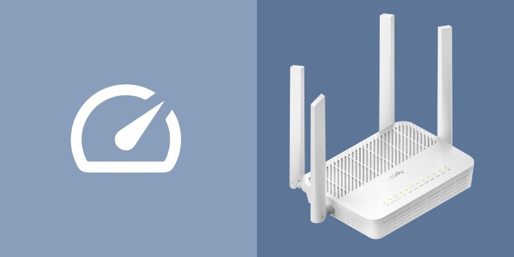 Router CUDY WR3000H Po lewej stronie znajduje się ikona prędkości z przesuniętą wskazówką, po prawej biały router z czterema antenami i świecącymi diodami, pasma, modulacja 1024-QAM, kanały 160 MHz