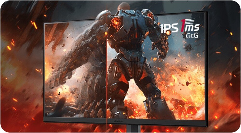 Монітор LG UltraGear 27GS75Q-B 27 2560x1440px IPS 200Hz 1 мс [GTG] із зображенням гри на екрані, розділеному навпіл, причому одна половина блимає, матриця часу відгуку, кути огляду
