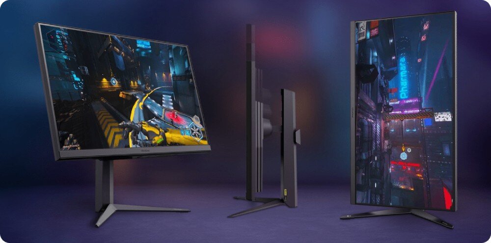 Монітор LG UltraGear 27GS75Q-B 27 2560x1440px IPS 200Hz 1 мс [GTG] у різних знімках: спереду, збоку та вертикально, з опцією регулювання стандартної бази VESA