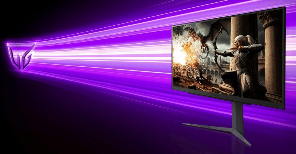 Монітор LG UltraGear 27GS75Q-B 27 2560x1440px IPS 200Hz 1ms [GTG] зі сценою відеогри з персонажем лучника, фон зображення складається з фіолетових смуг та логотипу з лівого боку, захист очей, мерехтливе синє світло