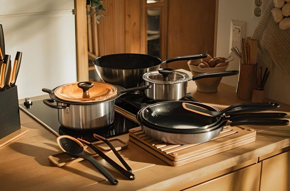 Rondel FISKARS Functional Form 18.4 cm kuchenne tło patelnie srebrne garnki czarne uchwyty stoją na płycie i blacie w Finlandii fabryka z certyfikatem zarządzania środowiskowego ISO 14001 staranne wykonanie dbałość o każdy detal trwałość solidność długotrwałe użytkowanie w każdej kuchni komfort gotowania estetyka 