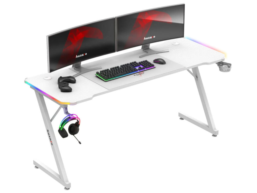 Biurko gamingowe HUZARO Hero 4.8 RGB Biały prezentacja biurka od przodu pod kątem z akcesoriami na białym tle