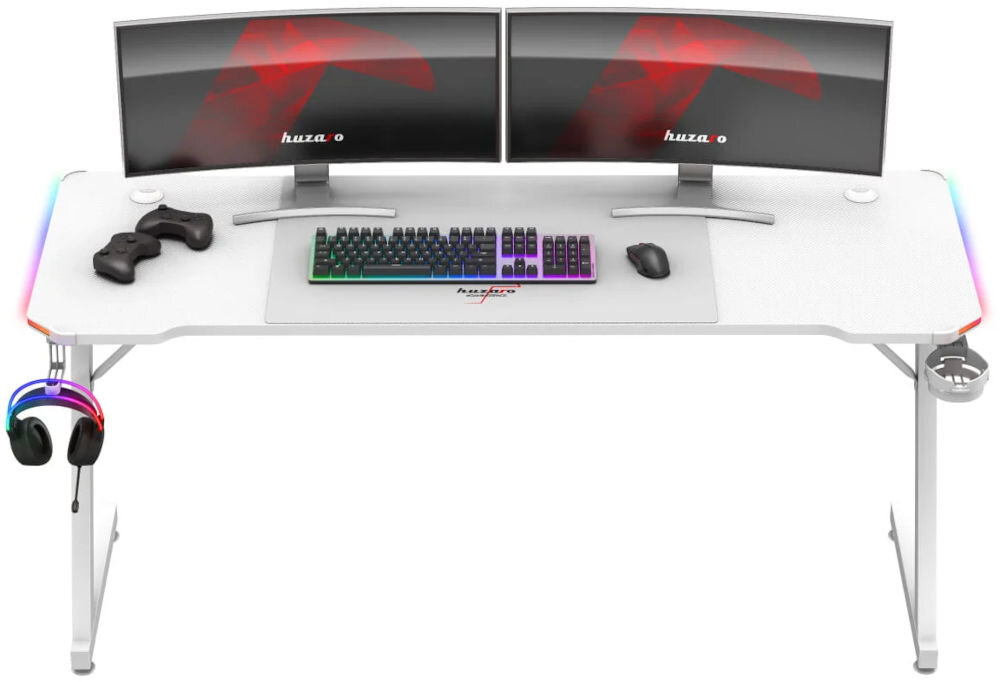 Biurko gamingowe HUZARO Hero 4.8 RGB Biały prezentacja biurka od przodu na białym tle przestrzeń inspiracja do działania relaksu podświetlenie LED funkcjonalna konstrukcja duża powierzchnia robocza