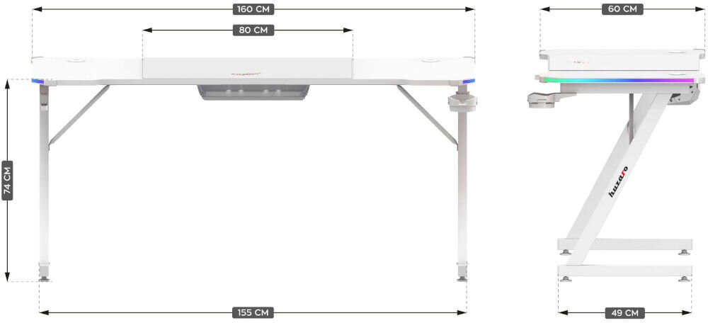 Biurko gamingowe HUZARO Hero 4.8 RGB Biały prezentacja biurka od przodu i boku oraz jego wymiarów na białym tle wysokość 74 cm podstawa 155 x 49 cm głębokość 60 cm środkowa część szerokości 80 cm swobodne rozstawienie akcesoriów całkowita szerokość 160 cm