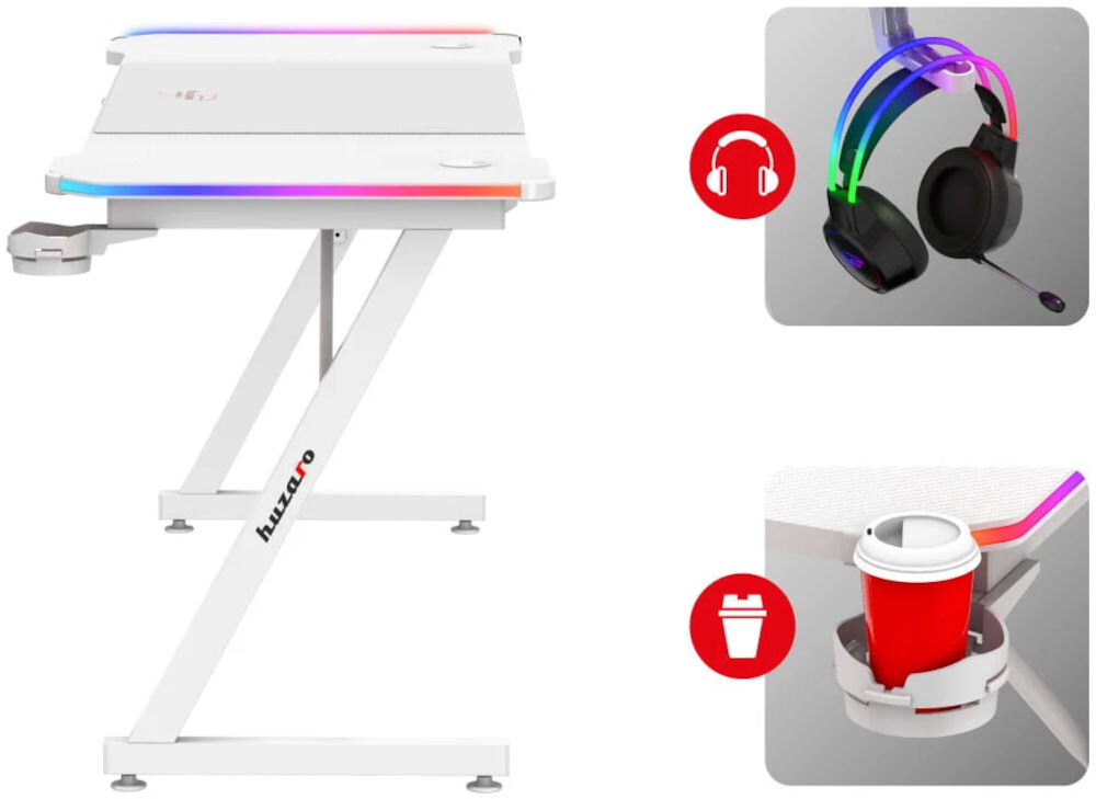 Biurko gamingowe HUZARO Hero 4.8 RGB Biały prezentacja uchwytów na słuchawki kubek lub butelkę na białym tle obok biurko od boku praktyczne dodatki wygoda uporządkowana przestrzeń