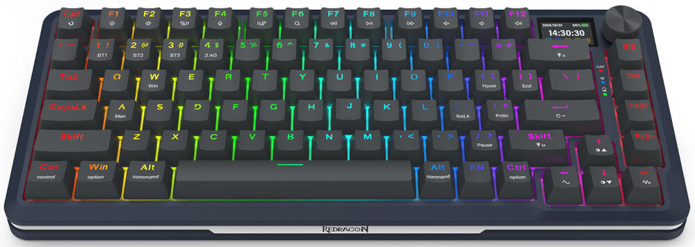 Klawiatura REDRAGON K708-RGB-PRO FLEKACT 
					funkcjonalny układ w rozmiarze 75% o wymiarach ok. 334,7 x 140,4 x 42,8 mm, wyposażona w 81 klawiszy, łatwy dostęp do klawiszy strzałek, rzędu funkcyjnego oraz sekcji nawigacyjnej,
					produkt na białym tle