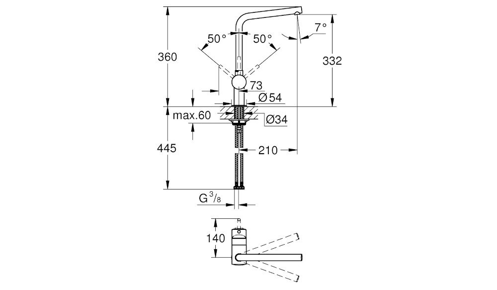 BATERIA KUCHENNA GROHE Minta 31375DL0 wymiary korpus wylewka zasięg Wysokość