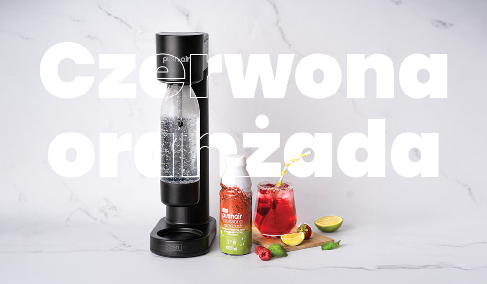 Saturator DAFI PushAir + 3 syropy Czarny syrop o smaku czerwonej oranżady słodki orzeźwiający napój owocowy aromat mozliwośc regulacji intensywności smaku wyraziste delikatne nuty tradycyjne słodkie napoje 