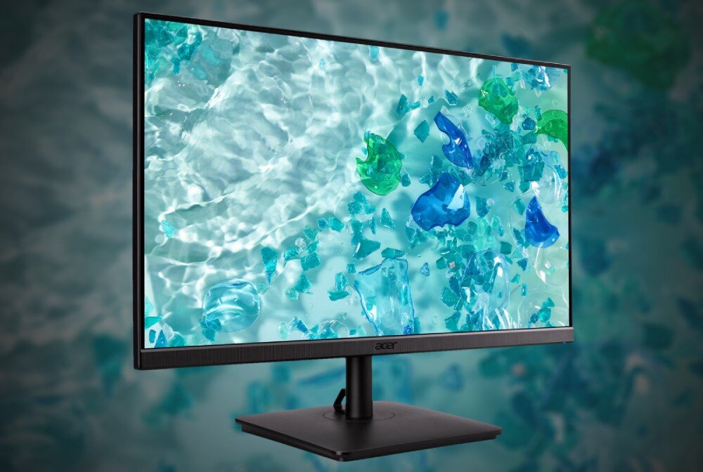 Monitor ACER Vero V247YEbmipxv Monitor Acer z cienkimi ramkami, wyświetlający grafikę przedstawiającą błękitną wodę i unoszące się w niej odłamki szkła w różnych odcieniach zieleni i błękitu