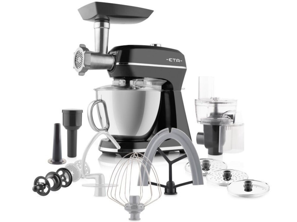 Robot kuchenny planetarny ETA Gratus Storio II 204390030 1200W z maszynką do mięsa Czarny misa trzepaczka flexi hak do wyrabiania ciasta mieszadło młynek do mięsa młynek ciągły przeźroczysta pokrywka miski 3 tarcze z otworami 2 nasadki do robienia kiełbas nasadka do kebbe przystawka do ciastek dokumentacja białe tło 