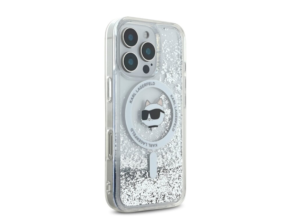 Etui KARL LAGERFELD Liquid Glitter Choupette Head MagSafe do Apple iPhone 16 Pro Przezroczysty brokat motyw styl transparentność magsafe ładowanie