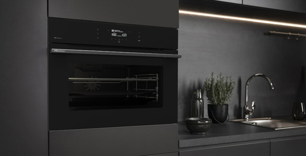 Piekarnik HISENSE BIM406A8B pojemność 50 l mikrofala grill rozmrażanie grill szklana taca poziomy wybór mocy automatyczne programy mieszadło łopatka gotowanie wielofazowe mikrofale inwerter Podwójny ruszt Even Bake Zaokrąglona konstrukcja Air Fry beztłuszczowe zdrowe mięso warzywa suszenie owoce
