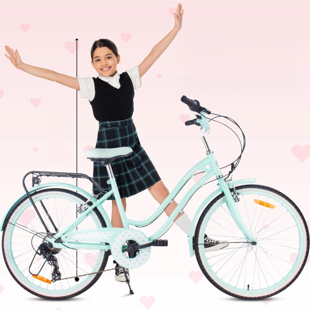 Rower młodzieżowy SUN BABY Heart Bike 24 cale dla dziewczynki Miętowy rower widoczny z boku za rowerem swtoi dziewczynka z wyciągniętymi rękoma w górę odpowiednio wyselekcjonowane materiały stalowa 14,5-calowa rama dostosowana do najmłodszych geometria ponadprzeciętna odporność na uszkodzenia mechaniczne i działanie czynników zewnętrznych  wybór rozmiaru ramy Twój wzrost mierzony w zrelaksowanej pozycji typ roweru