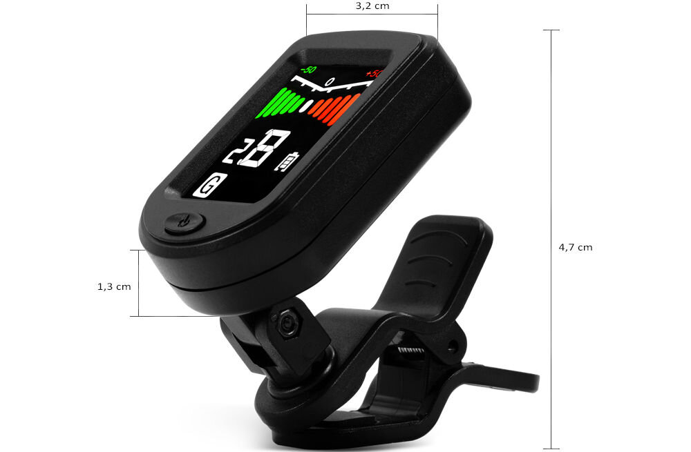 Stroik MUSICMATE Tuner MM-A7 SimplyTune precyzyjne i szybkie strojenie instrumentów, precyzja ±0.5 centa częstotliwość referencyjna 440 Hz,
					kompaktowy rozmiar ok. 4,7 x 1,3 x 3,2 cm, łatwy montaż, produkt na białym tle, wektory z wymiarami