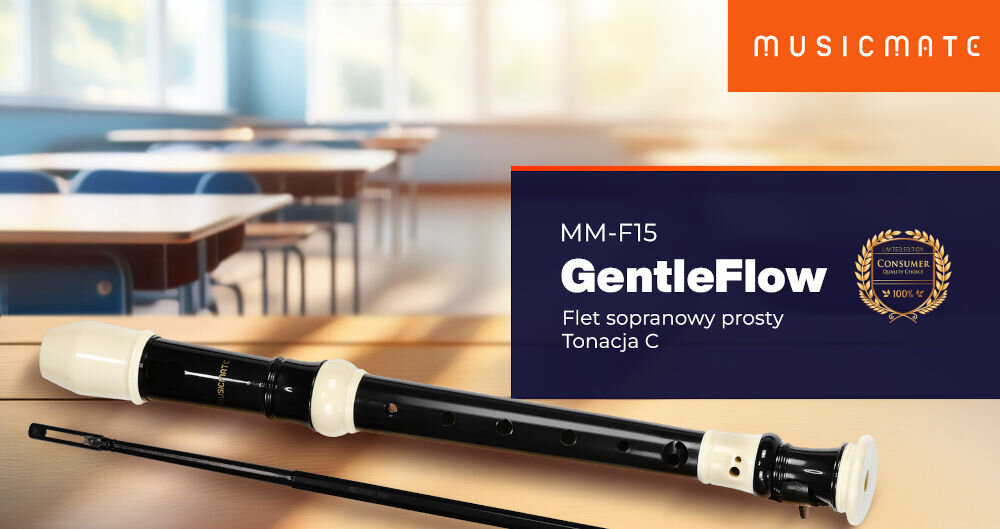 Flet MUSICMATE MM-F15 Czarno-beżowy Otwórz drzwi do muzyki flet i czyścik leżące na biurku logo producenta nazwa modelu