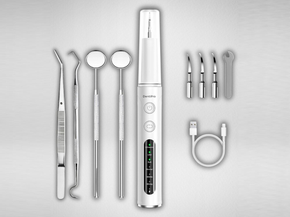 Skaler do zębów ALPHA DentiPro SWI-01 Biały Dopasowanie do Twoich potrzeb Cztery tryby pracy dostosowanie intensywność Tryby Soft Normal Middle Strong 4 wymienne głowice narzędzia dentystyczne