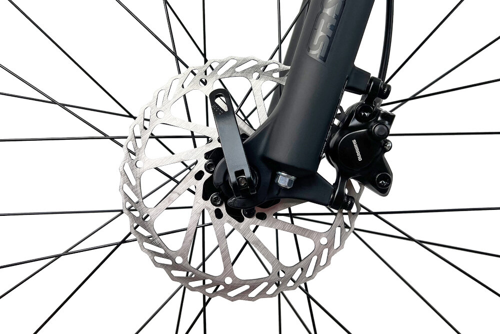 Rower górski MTB INDIANA X-Pulser 3.7 D19 27.5 cala damski Czarno-fuksjowy zbliżenie na tylny hamulec podstawa bezpieczeństwa hamulce tarczowe hydrauliczne duża siła hamowania sprawdzają się w każdych warunkach pogodowych i na każdej trasie płyn hamulcowy hamulce z przodu i z tyłu podwójny pakiet bezpieczeństwa