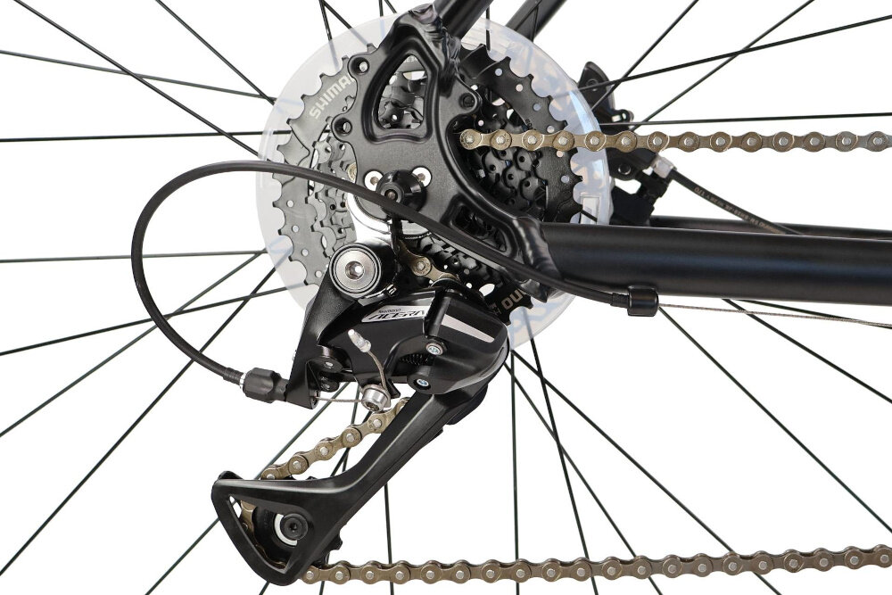 Rower crossowy INDIANA X-Cross 3.0 D15 damski Czarno-turkusowy zbliżenie na tylną przerzutkę przerzutki marki przerzutki marki SHIMANO 24 biegi duża wytrzymałość sprawne działanie zmiana biegów jest płynna i bezproblemowa przednia przerzutka SHIMANO Tourney tylna przerzutka SHIMANO Acera do rekreacyjnej jazdy