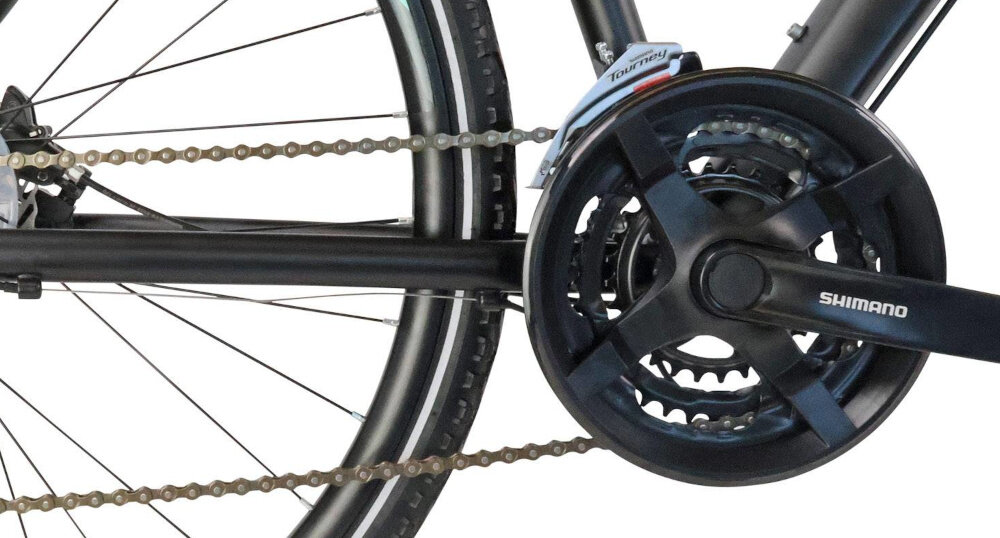 Rower crossowy INDIANA X-Cross 3.0 D15 damski Czarno-turkusowy zbliżenie na korbę wolnobieg i łańcuch lekka wydajna konstrukcja korby korba SHIMANO typu FC-TY301 48/38/28-170 8 Speed kaseta SHIMANO typu CS-HG31 11x34 8V solidność wytrzyma bardzo duży nacisk na pedały