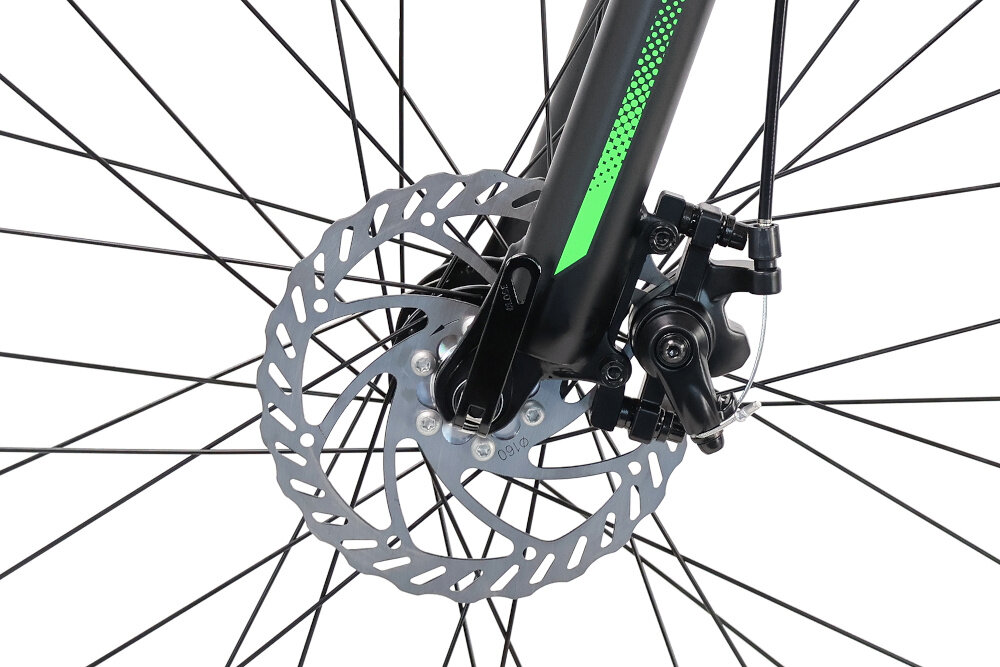 Rower górski MTB INDIANA X-Pulser 2.6 M17 26 cali męski Czarno-zielony zbliżenie na tylny hamulec podstawa bezpieczeństwa hamulce tarczowe mechaniczne sprawdzą się w każdych warunkach pogodowych i na każdej trasie bardzo duża siła hamowania hamulce z przodu i z tyłu podwójny pakiet bezpieczeństwa